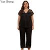 Plus Size Women Pajama Set Lace Ice Silk Short Sleeve Long Pants Milk Silk Loungewear Home Clothes