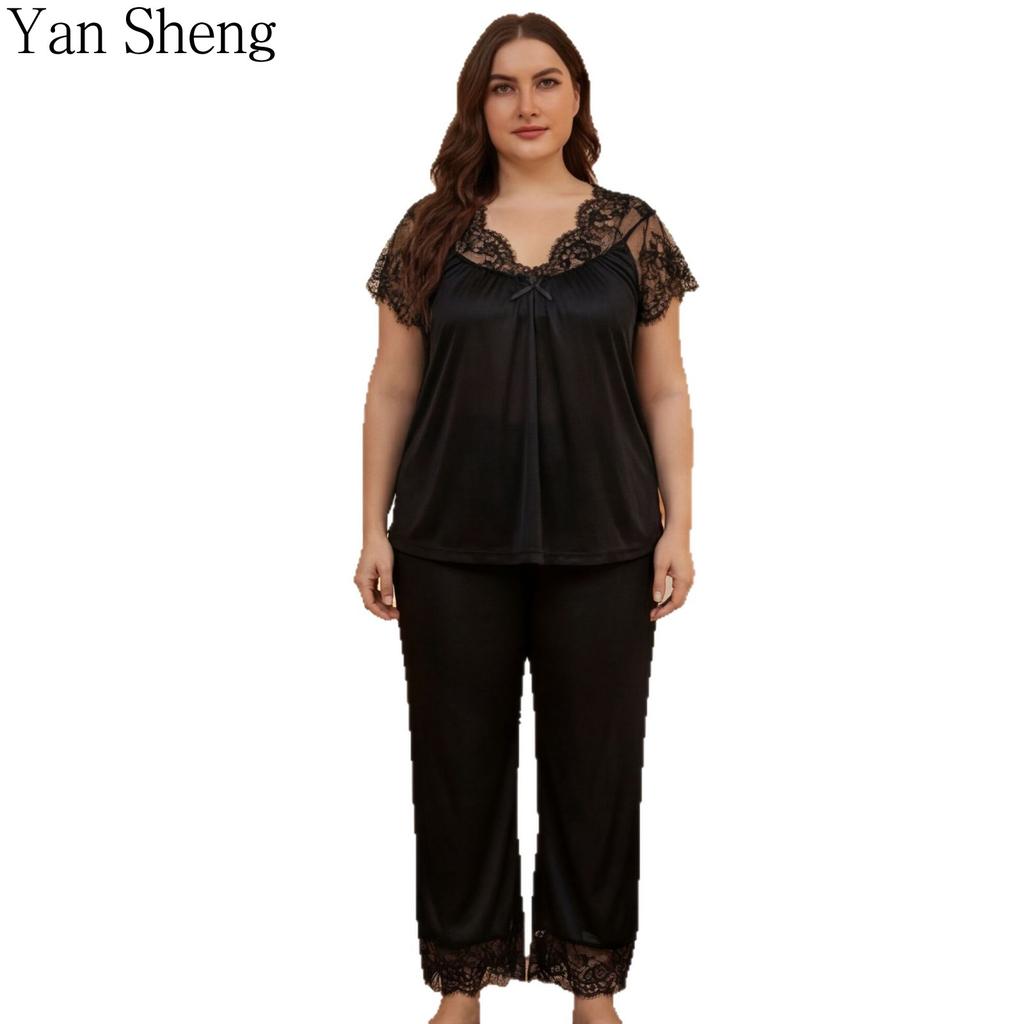 Plus Size Women Pajama Set Lace Ice Silk Short Sleeve Long Pants Milk Silk Loungewear Home Clothes