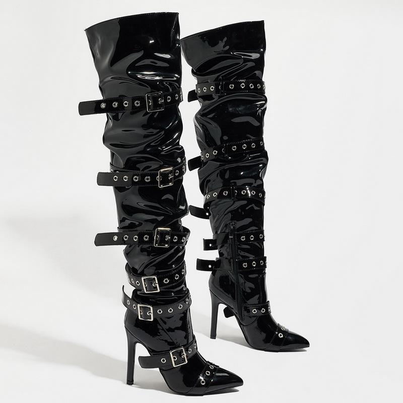Women Punk Style High Thin Heel Long Boots Buckle Side Zipper Over The Knee Knight Boots for Nightclub Party Pub Banquet Catwalk 35 чёрный 5370₽