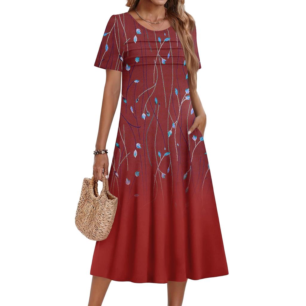 Vestito Corto Casual e alla Moda da Donna con Stampa Floreale e Maniche Corte Girocollo