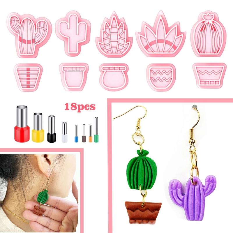 18Pcs Spring Fresh-Cactus Soft Pottery Cutter Earring Jewelry Pendant Maker Green Plant Ornament Pendant Cutting Mold