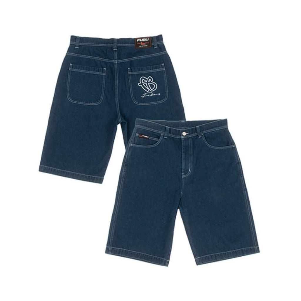 FUBU Denim Half Pants Navy M-Size 100% Cotton 11.5oz Washed Finish Logo Embroidery 31501