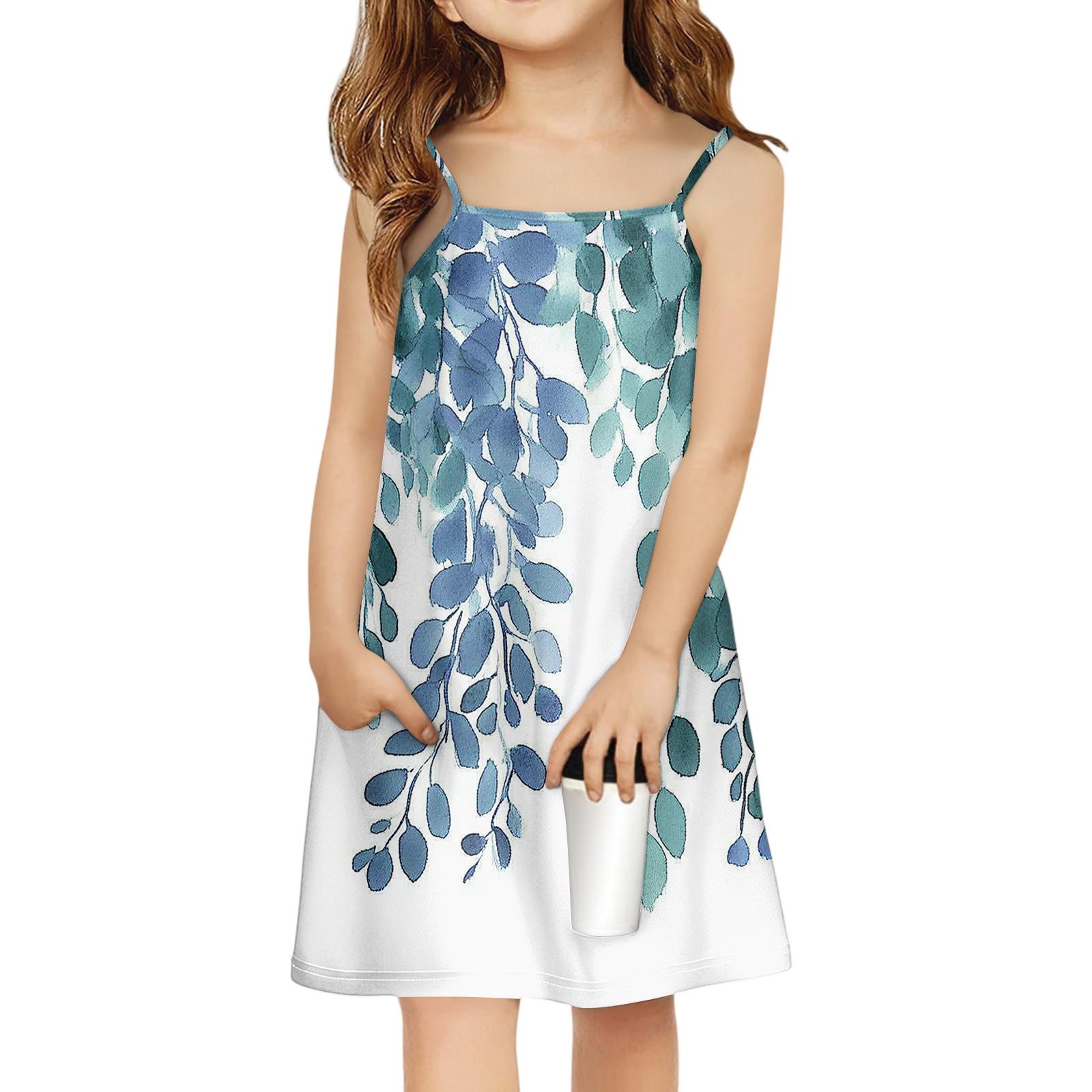 Children s Sleeveless Square Neck Summer A-Line Casual Holiday Floral Suspender Dress 150