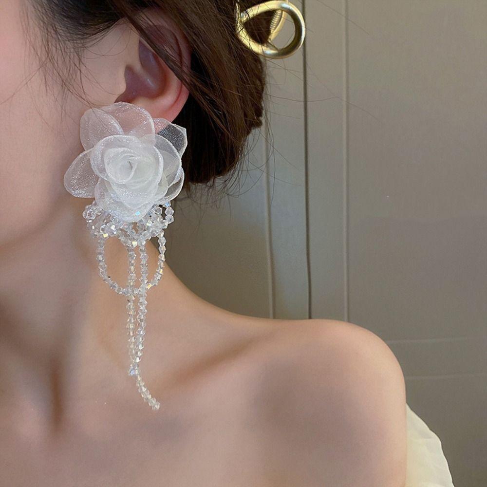 Light Luxury Tassel Earrings Silver Needle Crystal Dangle Earrings Gauze Flower Earrings  Women
