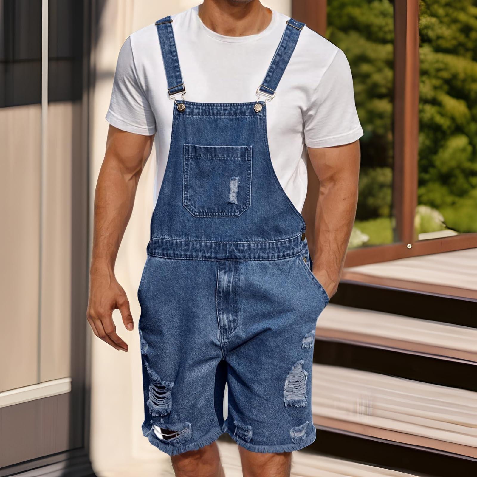 

Мужская мода Однотонный V-образный вырез Пуговица Карман С эффектом варки Деним Регулируемый Короткий ремешок Комбинезон XL