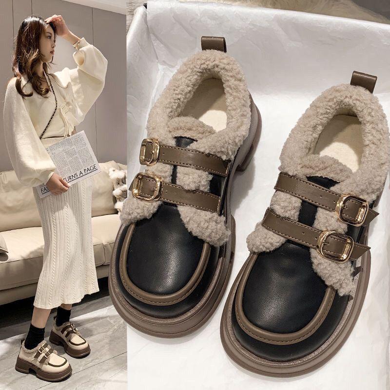 Brand Thick-Soled Leather Height-Increasing Warm Cotton Shoes for Women - Autumn/Winter Japanese Style