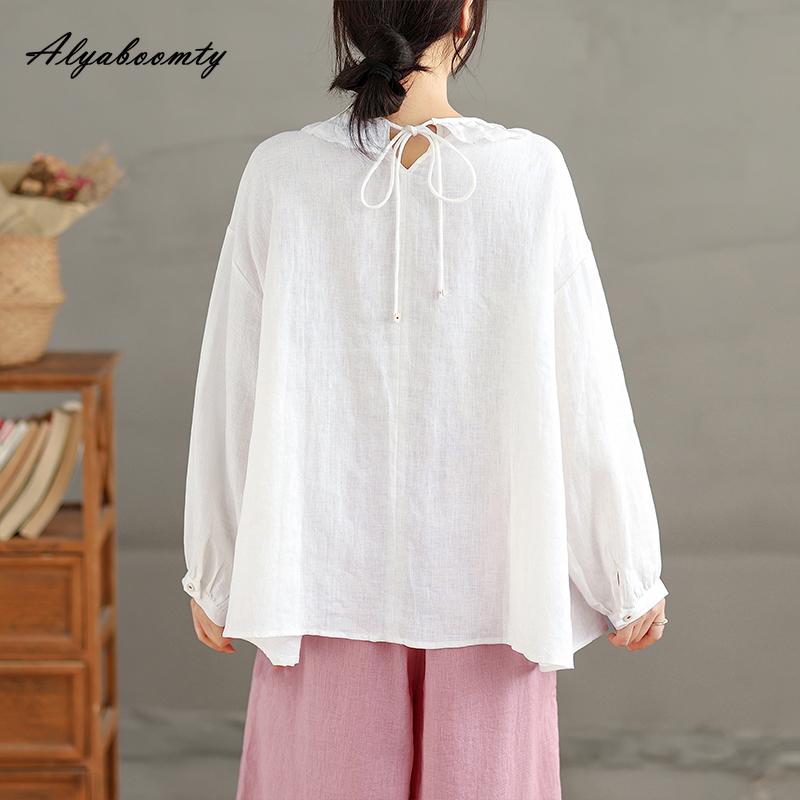 Japanese Mori Girl Spring Autumn Women White Blouse O Neck Ruffles Oversized Baggy Shirt Long Sleeve Cotton Basic Ladies' All-Match Top