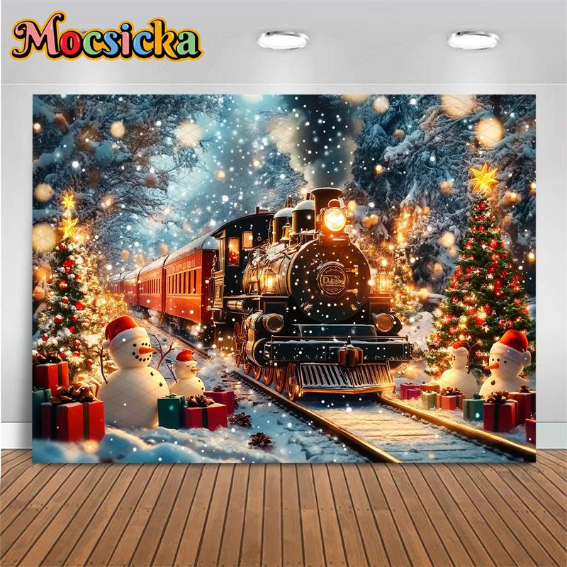Mocsicka Christmas Train Backgrounds Photography Winter Snowman Xmas Tree Decorations Child Adult Photo Backdrop Festival Banner
