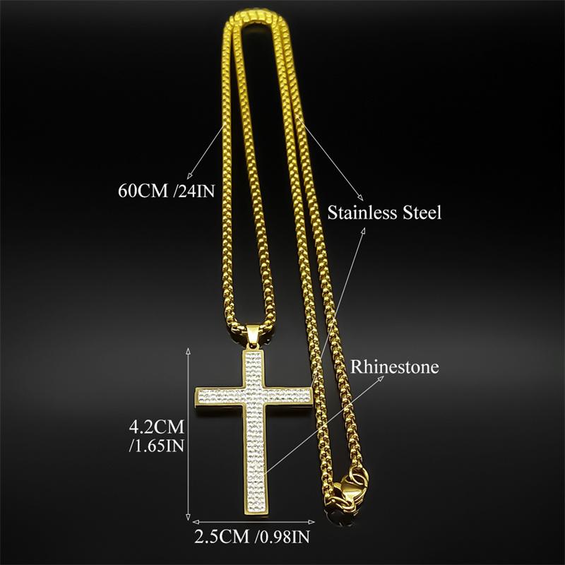 Trendy Cross Rhinestone Pendant Necklace For Women Men Stainless Steel Silver Color Religion Catholic Chain Jewelry Gifts