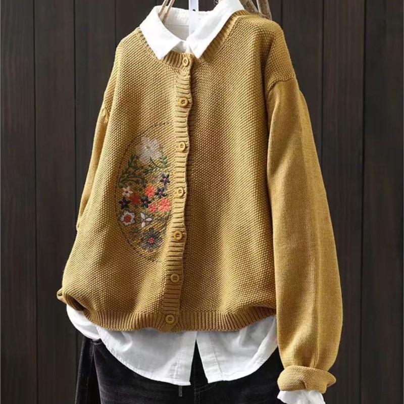 Johnature Women Vintage Embroidery Floral Sweaters O-Neck Long Sleeve Solid Color Button Knitted Autumn Sweaters