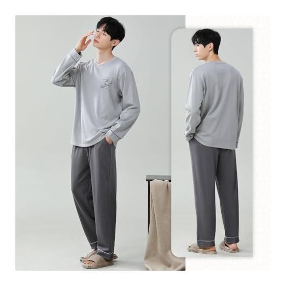 [Akihee] Men's Pajamas, 100% Cotton, Long Sleeve, Cotton, Spring, Summer, Autumn, Top and Bottom Set, Room Wear, Cute, Sweat Absorbent, Breathable,