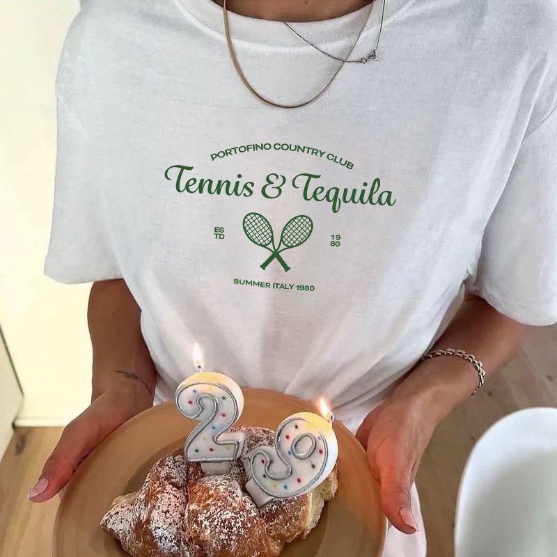 Tennis & Tequila American Retro Niche Style Tennis Print Pure Cotton Short Sleeve T-shirt for Women
