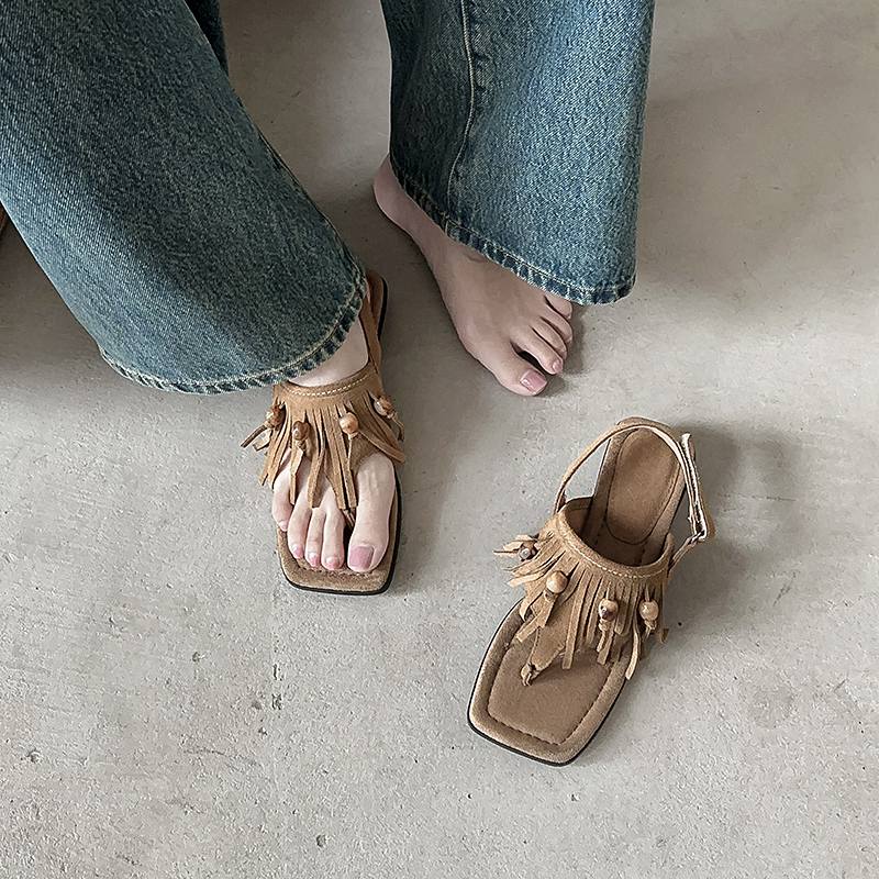 Krazing Pot Cow Suede Nubuck Summer Size 40 Hook Loop Tassel Fringe Low Heels Women Peep Toe Sandals
