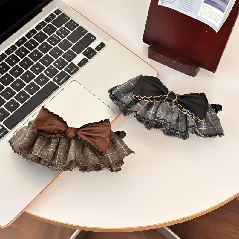 Vintage Plaid Bow Hair Claw Clips Women'S Trendy Hair Accessories Leather Bow Ruffle Design Grid Pattern Banana Clip Headdress