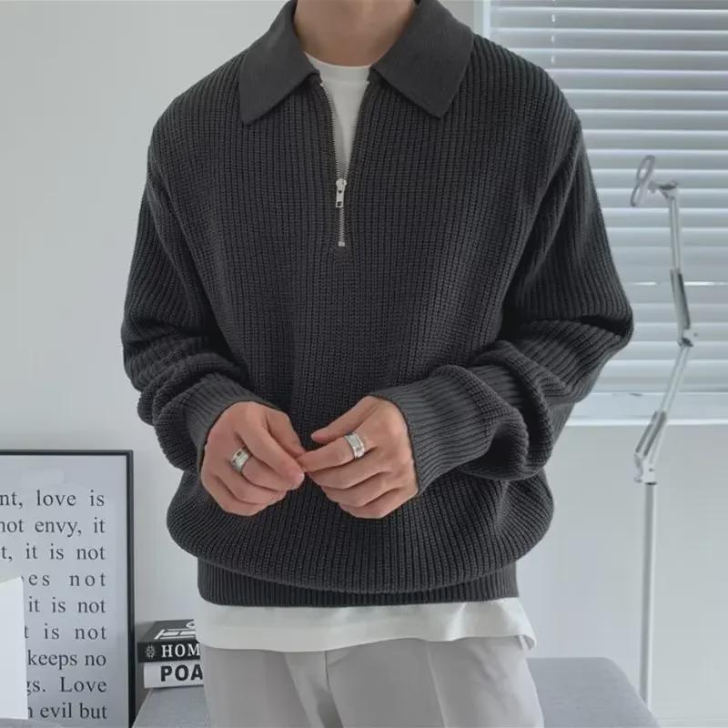 Pánsky ležérny sveter s klopou na polovičný zips - Japonský štýl, Jesenná/Zimná/Jarná móda, Voľný strih