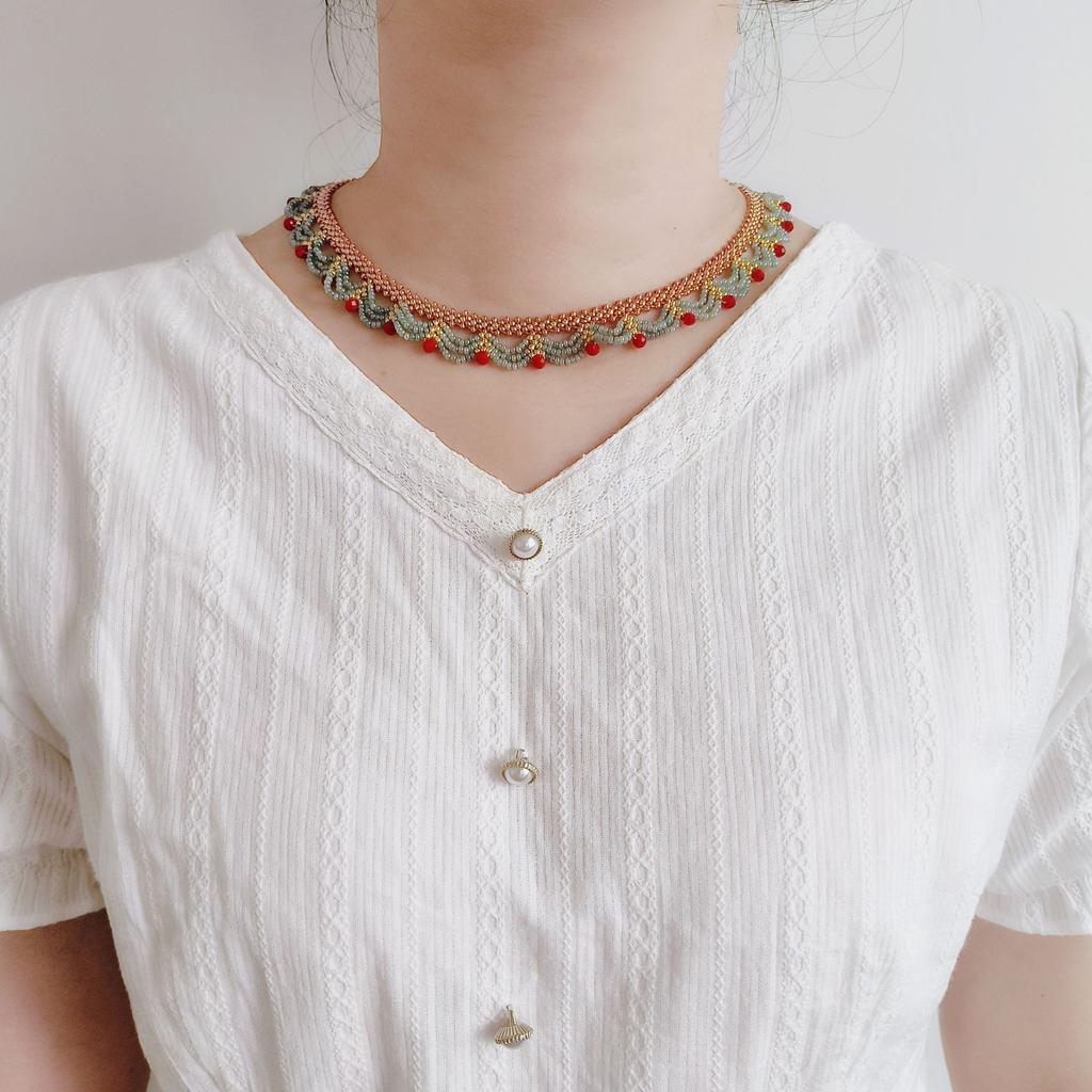 New Chinese Multi-Layer Lace Red And Blue Contrasting Color Beaded Necklace Women'S High-End National Style Accessories Neck Chain