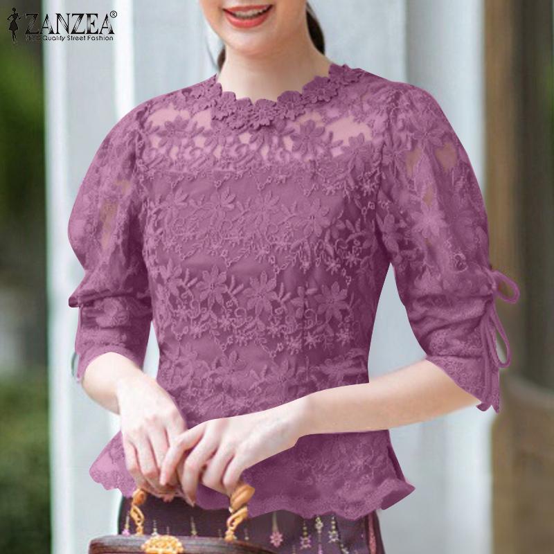 

ZANZEA Women Casual Round Neck Half Sleeve Summer Lace Patchwork Blouse S белый
