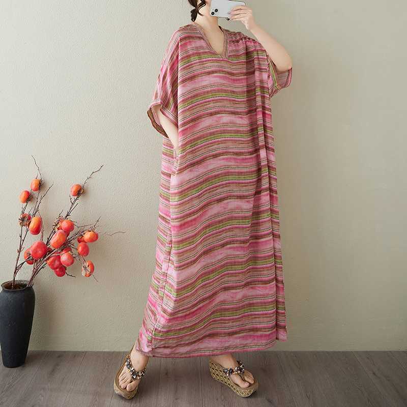 Vestido Largo Vintage para Mujer con Estampados de Algodón y Lino