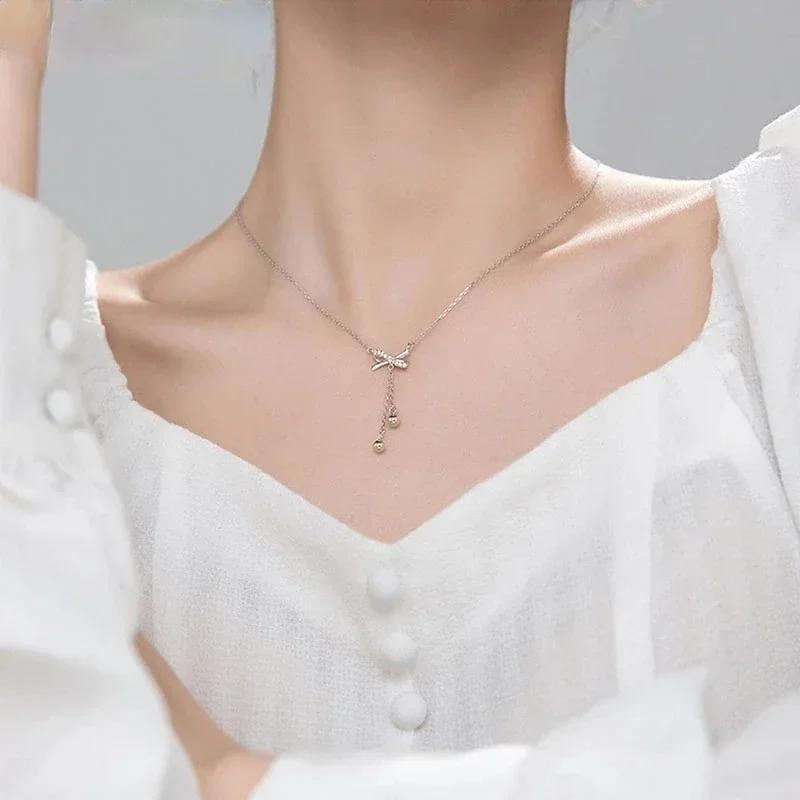 Women Summer Fashion Simple Bow Tassel Necklace Clavicle Chain Necklace Jewelry Accessories Valentines Day Birthday Gifts