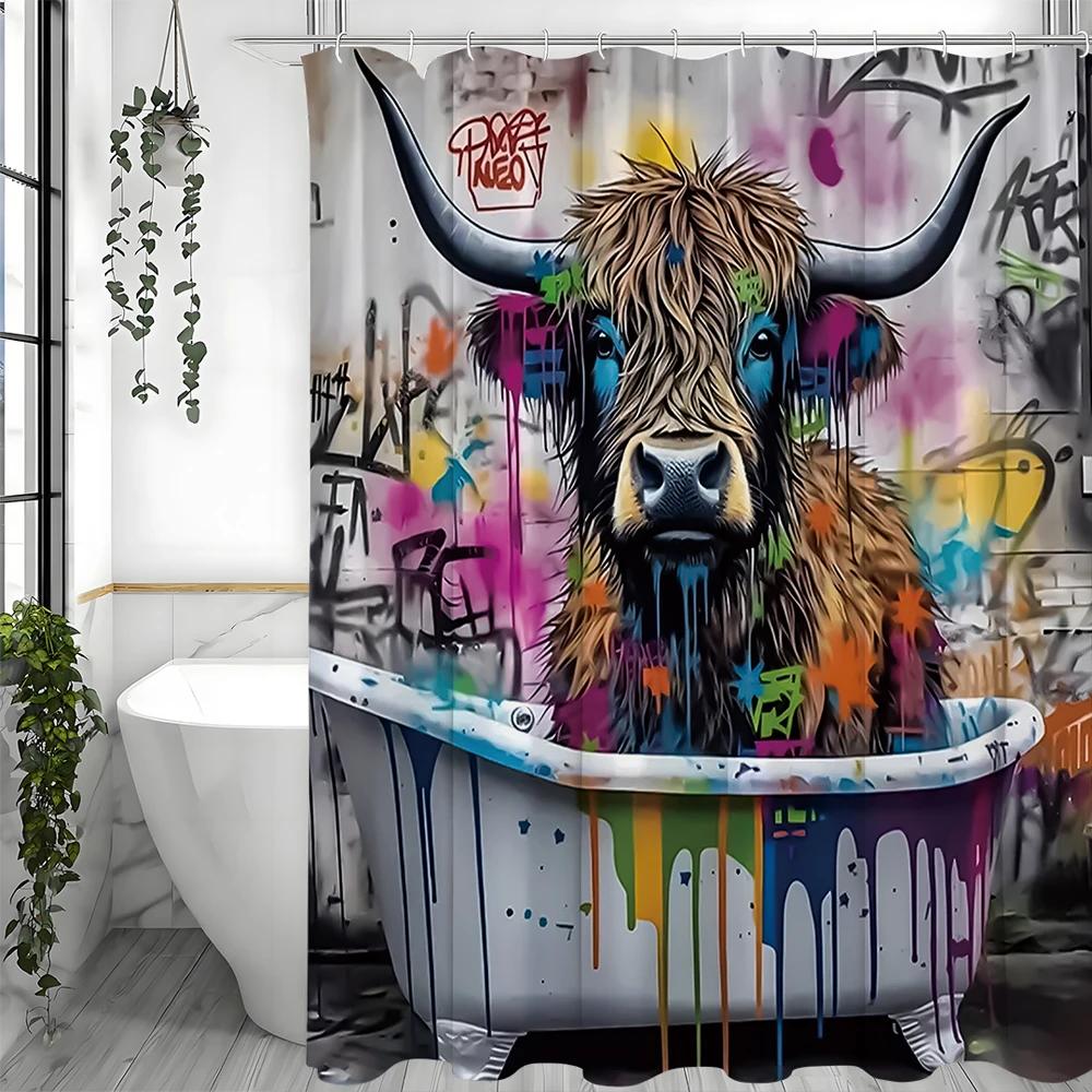 Barevný Moderní Abstraktní Graffiti Kreativní Skotská Kráva Sprchový Závěs, Koupelnový Dekorativní Sprchový Závěs, Vodotěsný Sprchový Cu