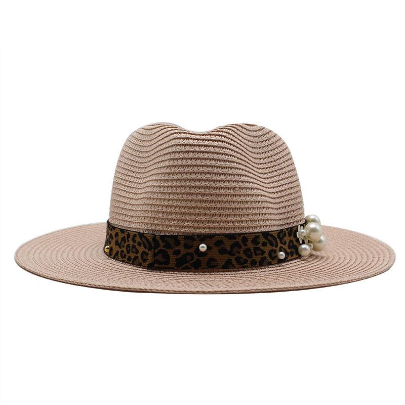 Spring And Summer Leopard Print Pearl Straw Sun Protection Visor Straw Hat Dame Top Hat