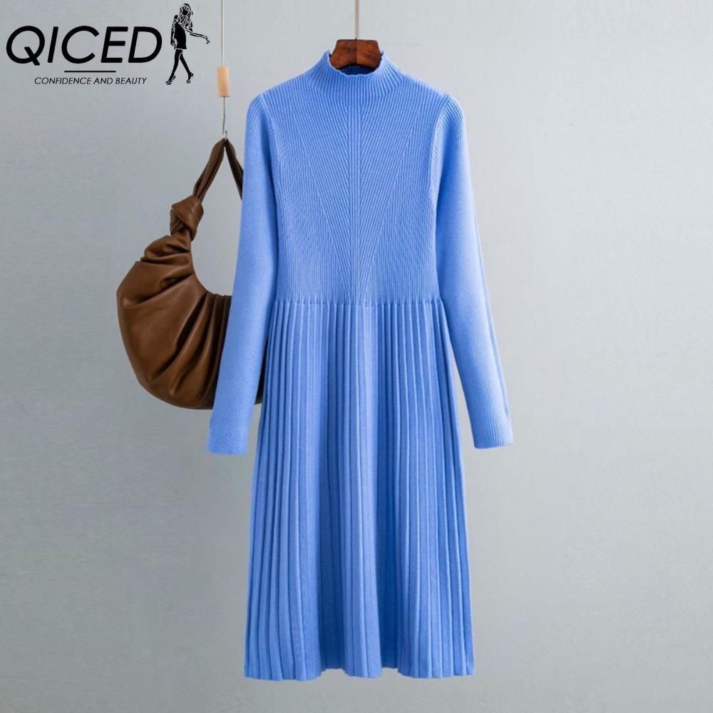 

QICED Женское осенне-зимнее однотонное вязаное платье-свитер с высоким воротником, длинными рукавами и высокой талией one size синий