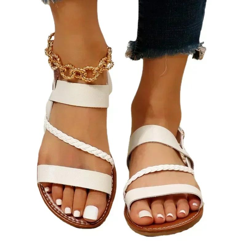 2024 Hot Selling Women's Sandals Daily Sandals Temperament Women's Thin Strap Solid Color Flat Bottom Large Size Sandals