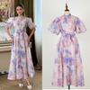 Abito Maxi da Donna con Stampa Floreale e Strass Maniche a Sbuffo Scollo Alto Linea ad A Abito Formale da Festa