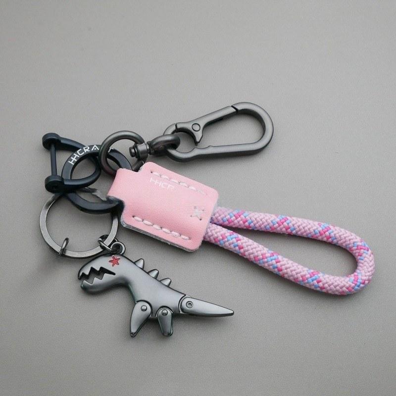 Premium Woven Leather Metal Dinosaur Keychain for Motorcycle Car Handbag Backpack Pendant Gift Accessories with Bracelet
