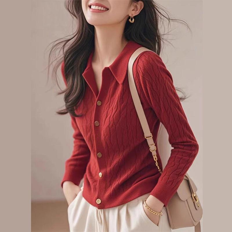 

Ретро лацкан мягкий восковой свитер женский осенний новый ленивый стиль красный кардиган вязаный топ с длинным рукавом One Size