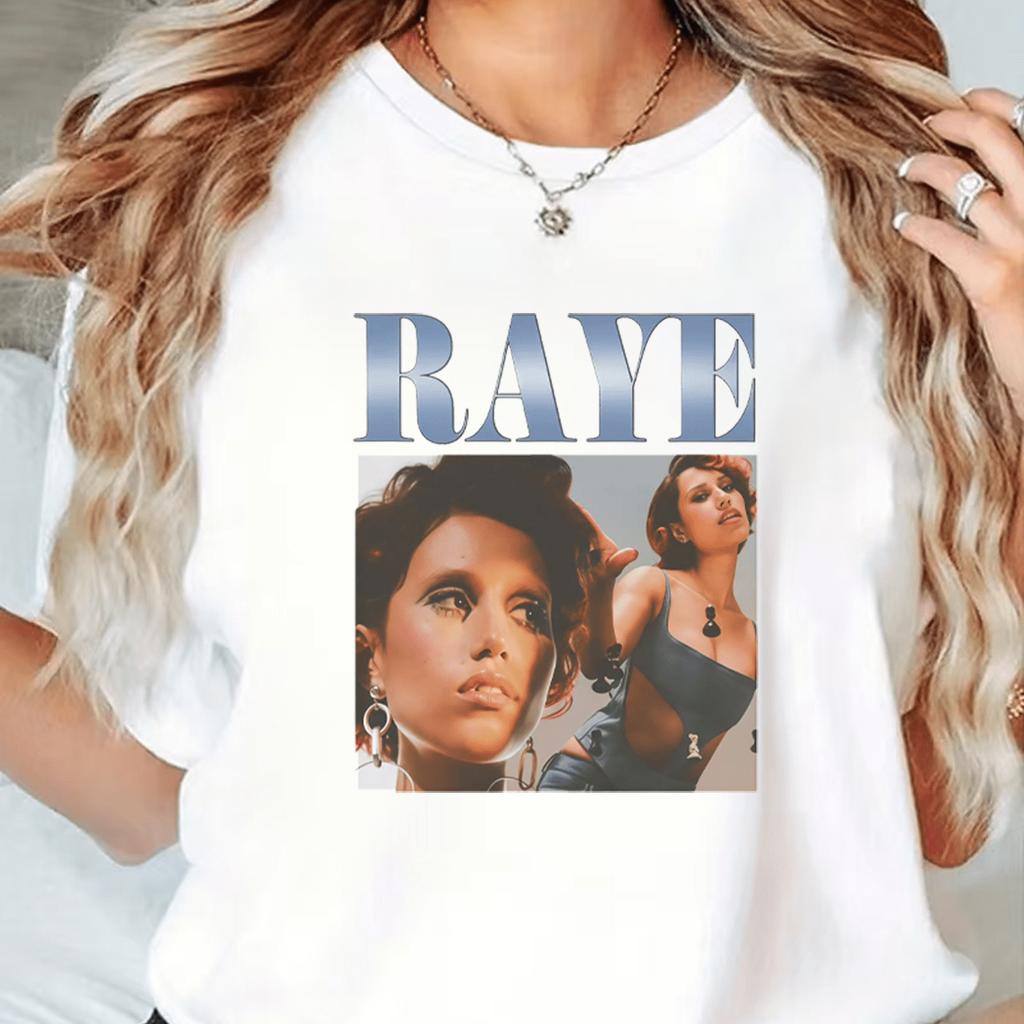 Fashion Women's Springsummer Collection, Featuring A RAYE-themed Print A Bold Blue-gray RAYE Text in Thick Font At The Top Against A Black Background