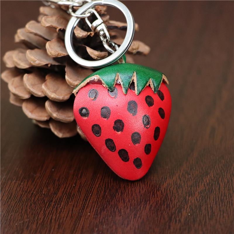 First Layer Cowhide Creative Small Strawberry Car Keychain Bag Pendant Mini Cute Fruit Cowhide Bag Accessories