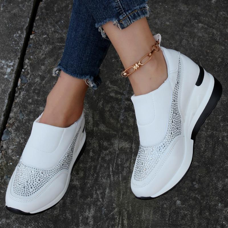 Plus Size Women's Shoes Thick-Soled Sequined Solid-Color Slip-On Breathable Flats Lightweight Wedge Sneakers Women's Single Shoes