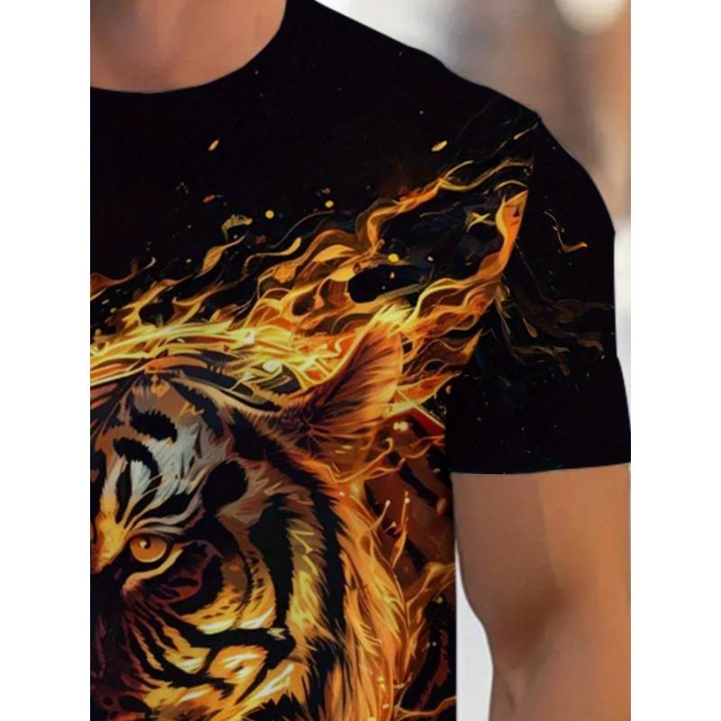 Men's Fire Tiger 3D Printed T-Shirt Casual Short Sleeve Crewneck Top Cool Blazing Flame Wild Animal Graphic Tee Trendy Streetwear Summer Clothes