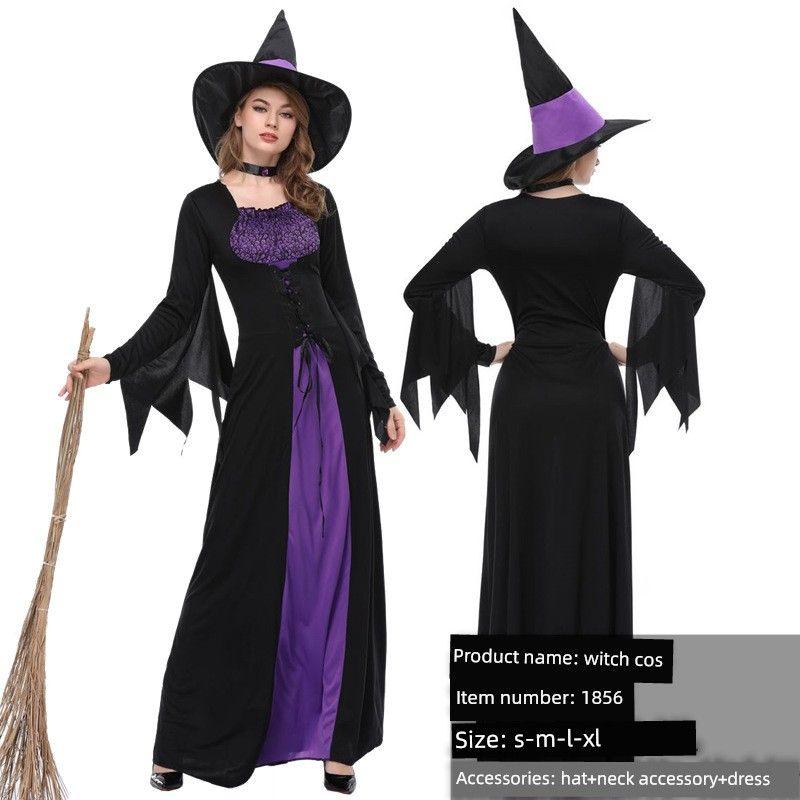 New Halloween Role-Playing Female Ghost Witch Costume Court Purple Long Dress Set Stage Outfit