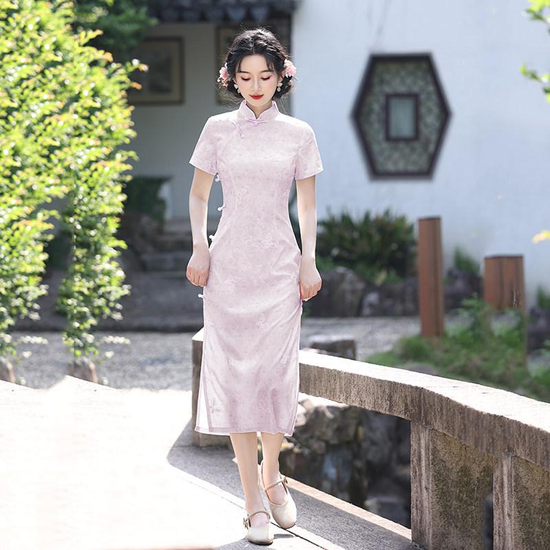 Pink national style new Chinese Suzhou long cheongsam improved young 1011 new women's high-end sense can be worn daily