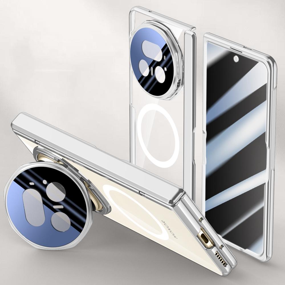 For Honor Magic V5 5G Magnetic Case PC+Acrylic Phone Cover with Anti-Spy Screen Protector,Lens Kickstand