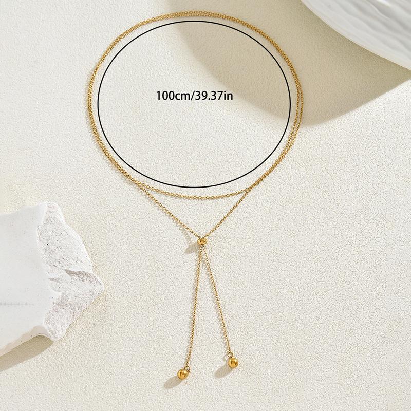 Luxury Metal Double-Layer Chain Beads Pendant Necklace for Women Simple Y-Shaped Stretchable Long Necklace Banquet Jewelry Gifts