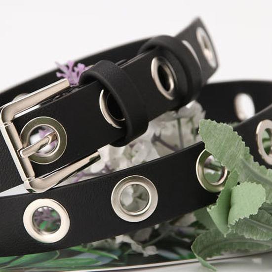 Women Thin Pants Belt Metal Buckle Faux Leather Waistband Adjustable Length Multi Holes Design Jeans Belt