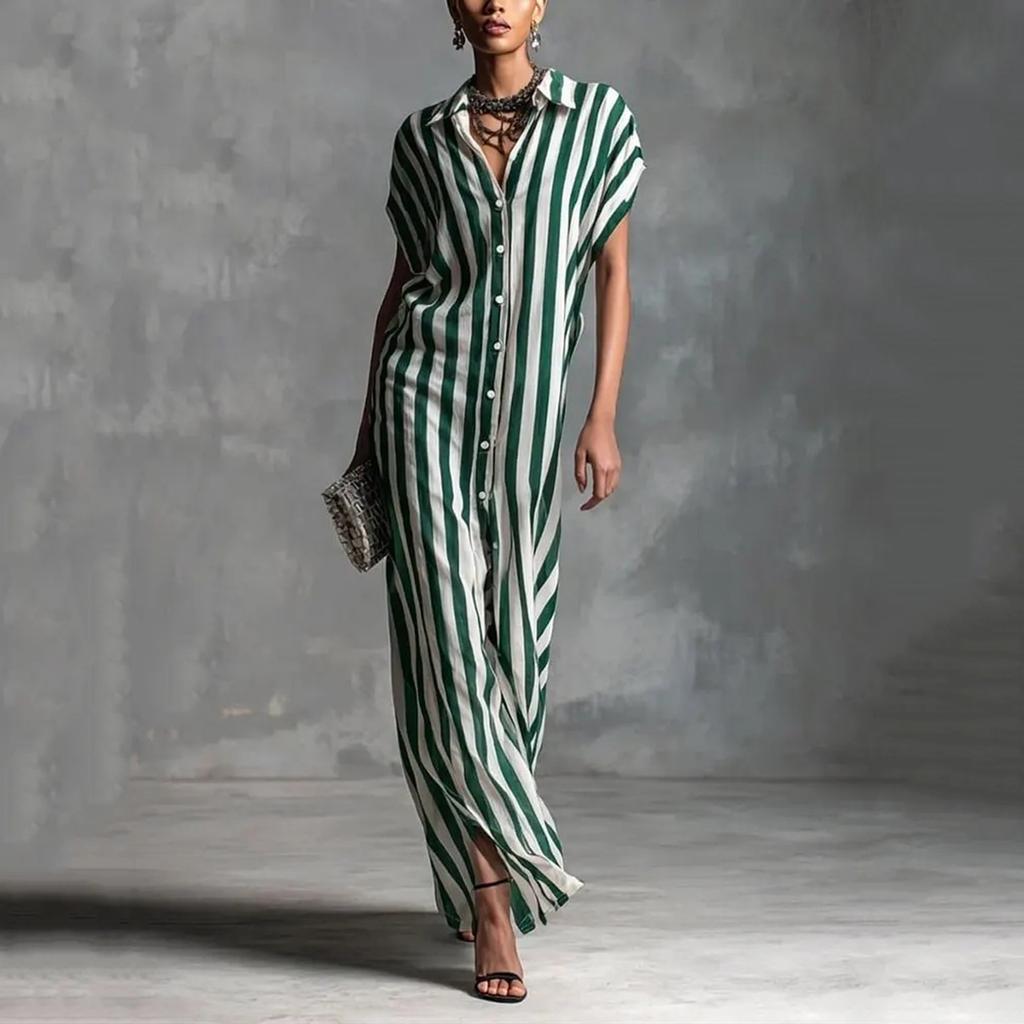 Women's Summer Casual Loose Fit V Neck Maxi Dress Button Down Front Short Sleeve Lightweight Long Dress