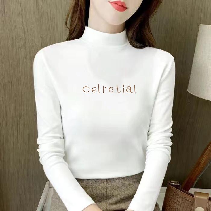 Women Double-sided Fleece Mock Neck Long Sleeve Top Heart Letter Print Slim Thermal Base Layer Shirt Fall Undershirt