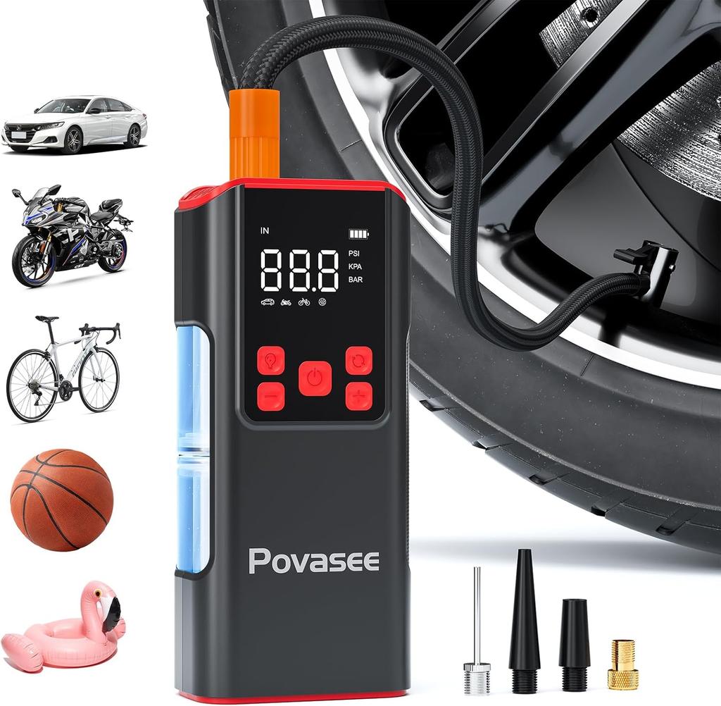 Tire Inflator Portable Air Compressor Povasee 150PSI Portable Air Pump for Tires Cordless Car Tire Inflator with LCD Display