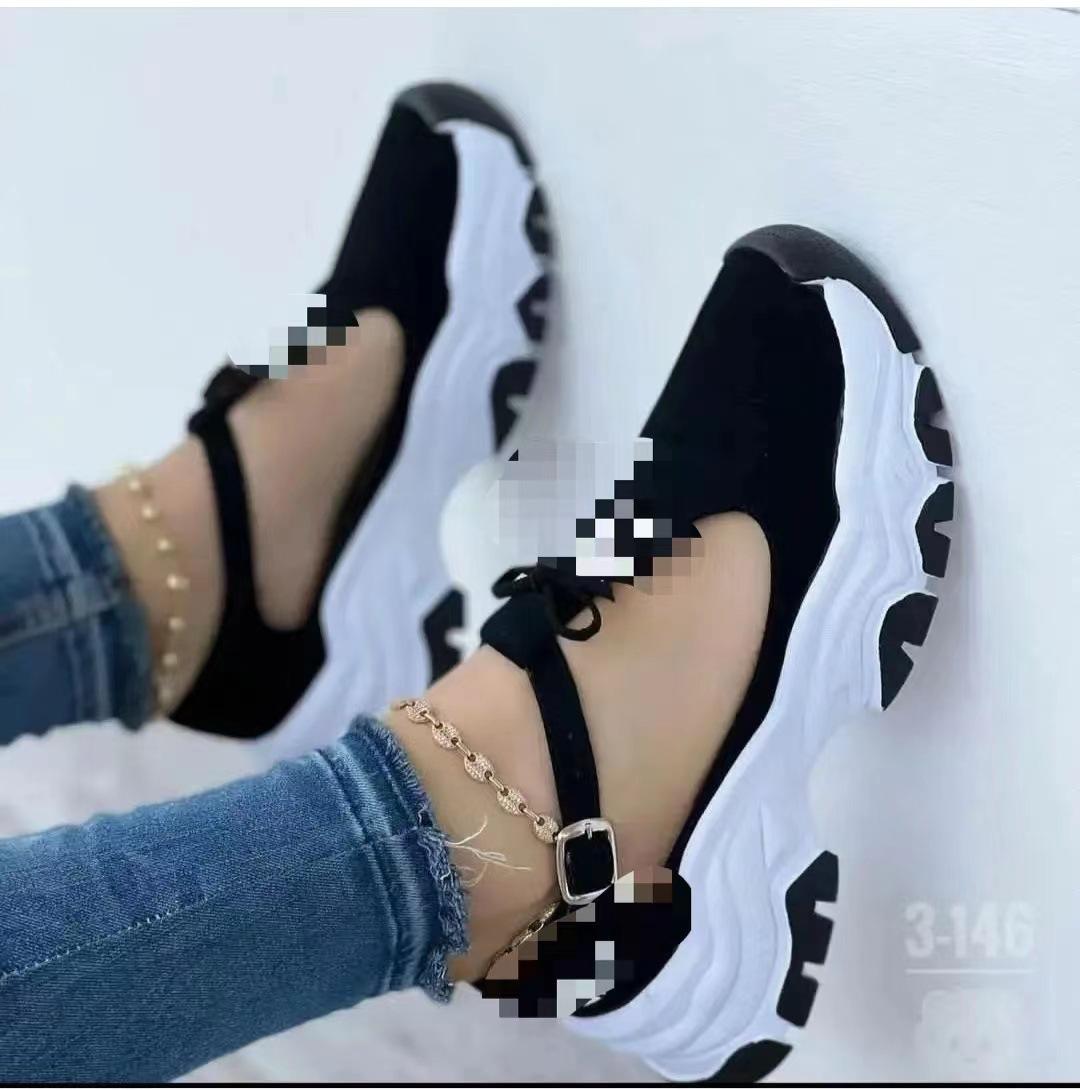 

Женская обувь весна 2025 новые большие размеры на толстой подошве замшевые пряжки с бантом повседневные спортивные туфли 41 чёрный