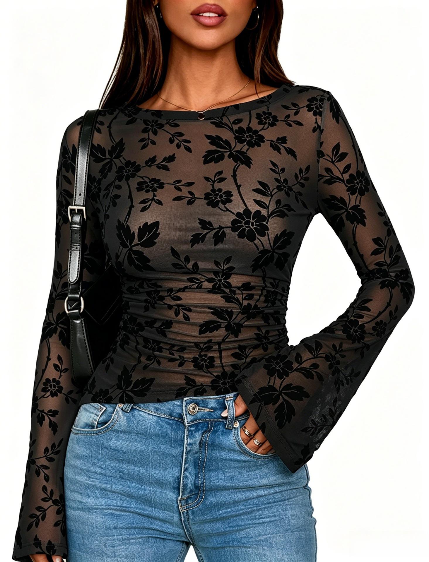 Women Slim Fit Flocked Floral Mesh Long Sleeve Crew Neck Pullover T Shirt S чёрный