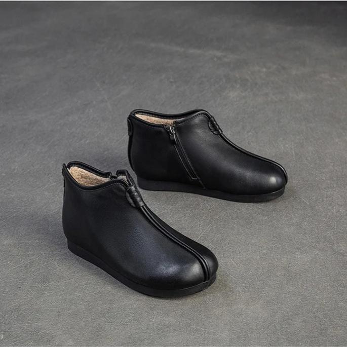 Johnature Genuine Leather Plush Warm Cotton Shoes Round Toe Flat Ankle Boots Commuting Women's Shoes