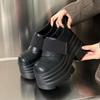 Women's Gothic Round-toe Platform Black Leather Casual Shoes, High Heels, Spring Trend, Fashionable Footwear.