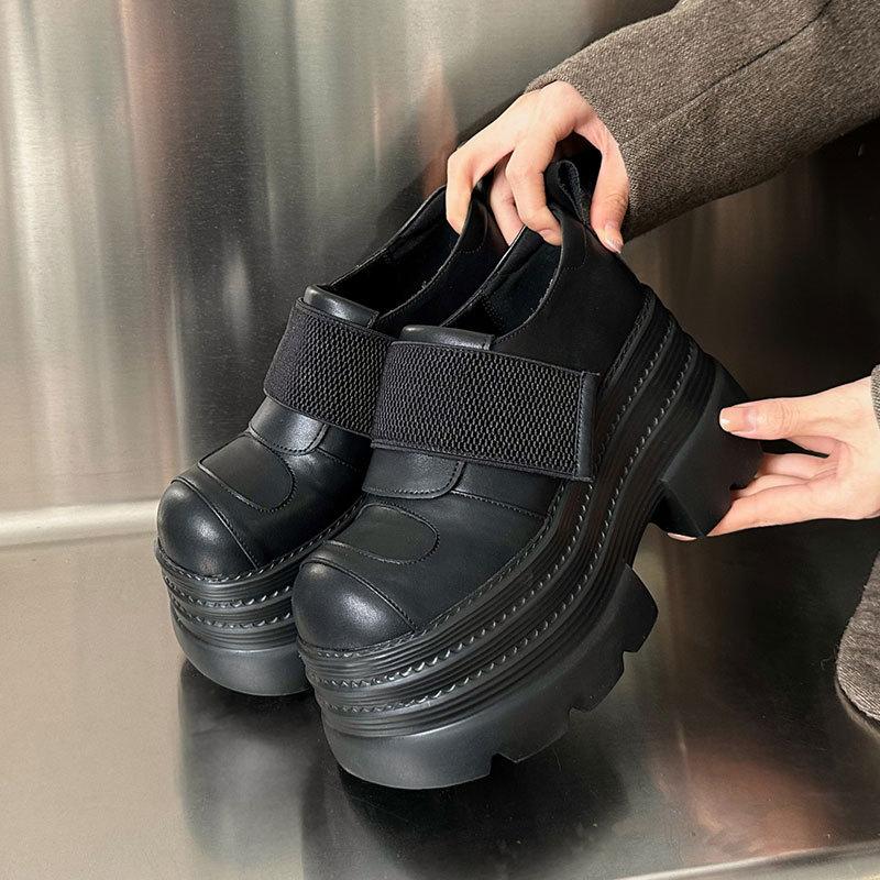Women's Gothic Round-toe Platform Black Leather Casual Shoes, High Heels, Spring Trend, Fashionable Footwear.