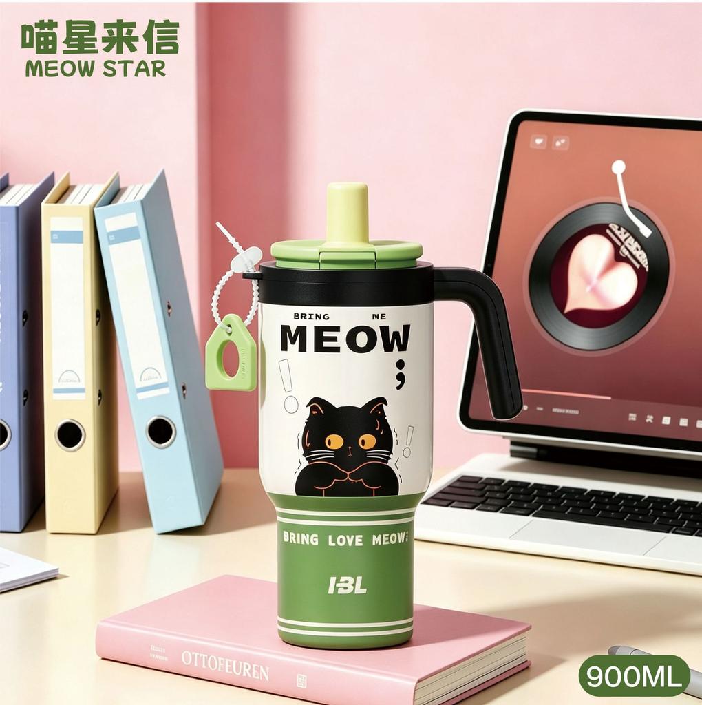 Water bottle Stainless steel thermos cup Male and female students handle straw cup Large capacity ice cup