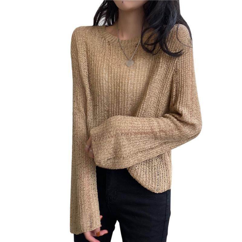 

Полая вязаная блузка из ледяного шелка, женская ленивая свободная верхняя одежда, тонкий пуловер, свитер с длинными рукавами One Size