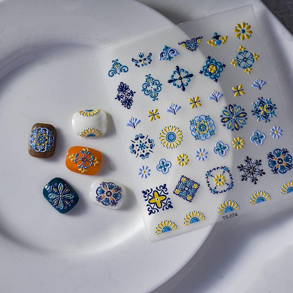 

1 шт., наклейки для ногтей с тиснением и цветком, украшения для ногтей в этническом стиле, 5D наклейки для дизайна ногтей, аксессуары для ногтей «сделай сам» TS-074